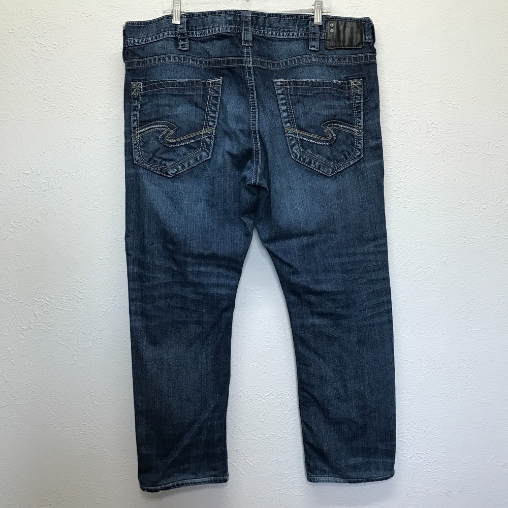 Silver Jeans Mens 42x32 (42x29) Zac Relaxed Straight Leg Stretch Blue Dark Denim - Picture 5 of 16